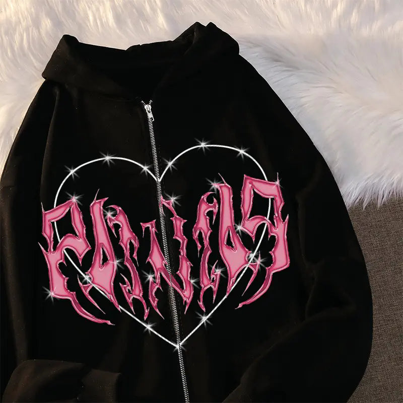 Y2K Oversized Hoodie with Graffiti Heart Print for Women
