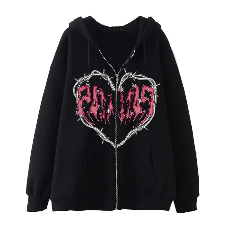 Y2K Oversized Hoodie with Graffiti Heart Print for Women