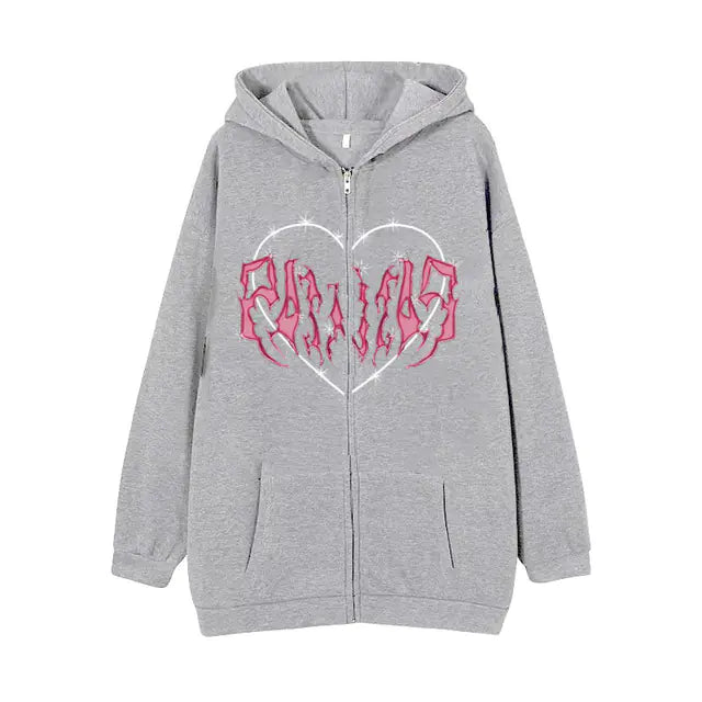 Y2K Oversized Hoodie with Graffiti Heart Print for Women