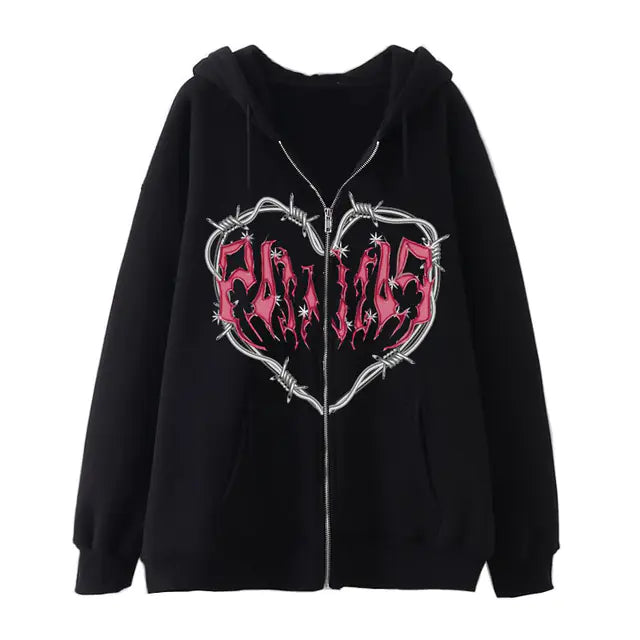 Y2K Oversized Hoodie with Graffiti Heart Print for Women