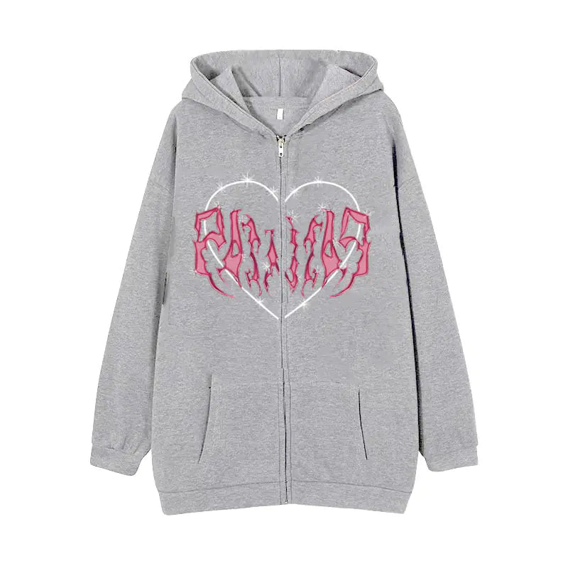 Y2K Oversized Hoodie with Graffiti Heart Print for Women