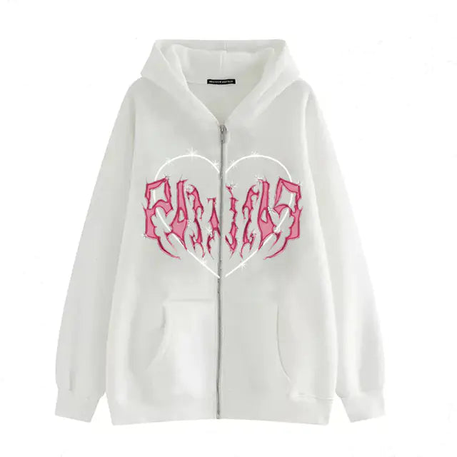 Y2K Oversized Hoodie with Graffiti Heart Print for Women