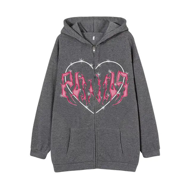 Y2K Oversized Hoodie with Graffiti Heart Print for Women